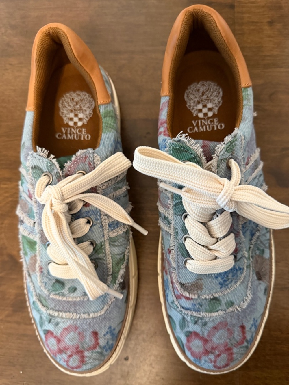 Vince Camuto Denim Floral Sneaker with brown leather accents